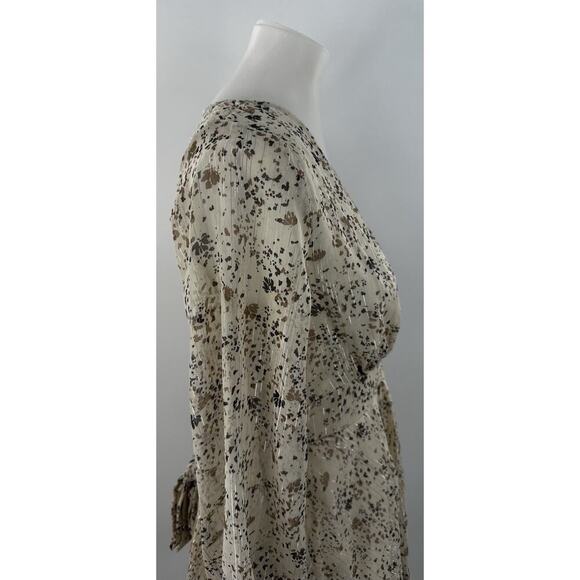 Japna Beige Floral Metallic Ruffle Tiered Long Sleeve V-Neck Mini Dress Size M - Picture 2 of 6